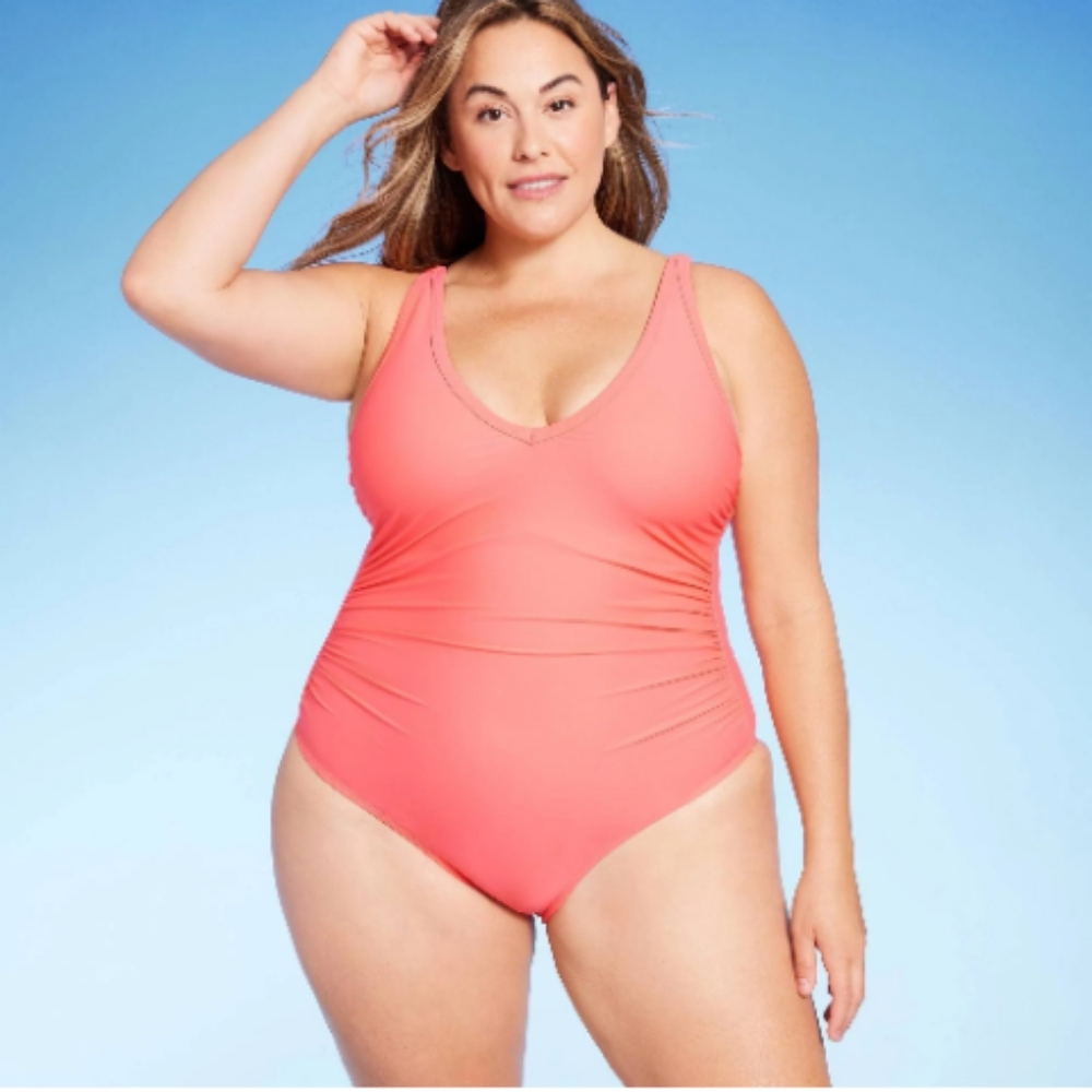NWT "Kona Sol" peach colored over the shoulder v neck 1 pc.  swimsuit